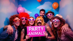 Groupe d'amis s'amusant dans le photobooth